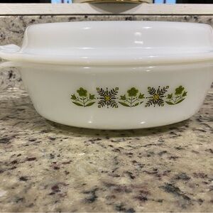 Fire King White Casserole Dish with Green Floral Design